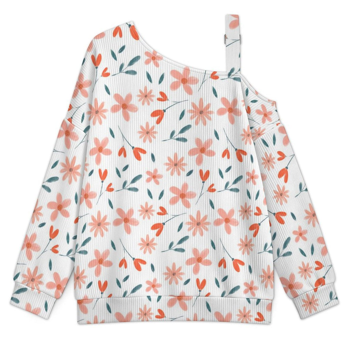 Fall Casual Asymmetric Shoulder Knit Top with Buckle Detail Flower