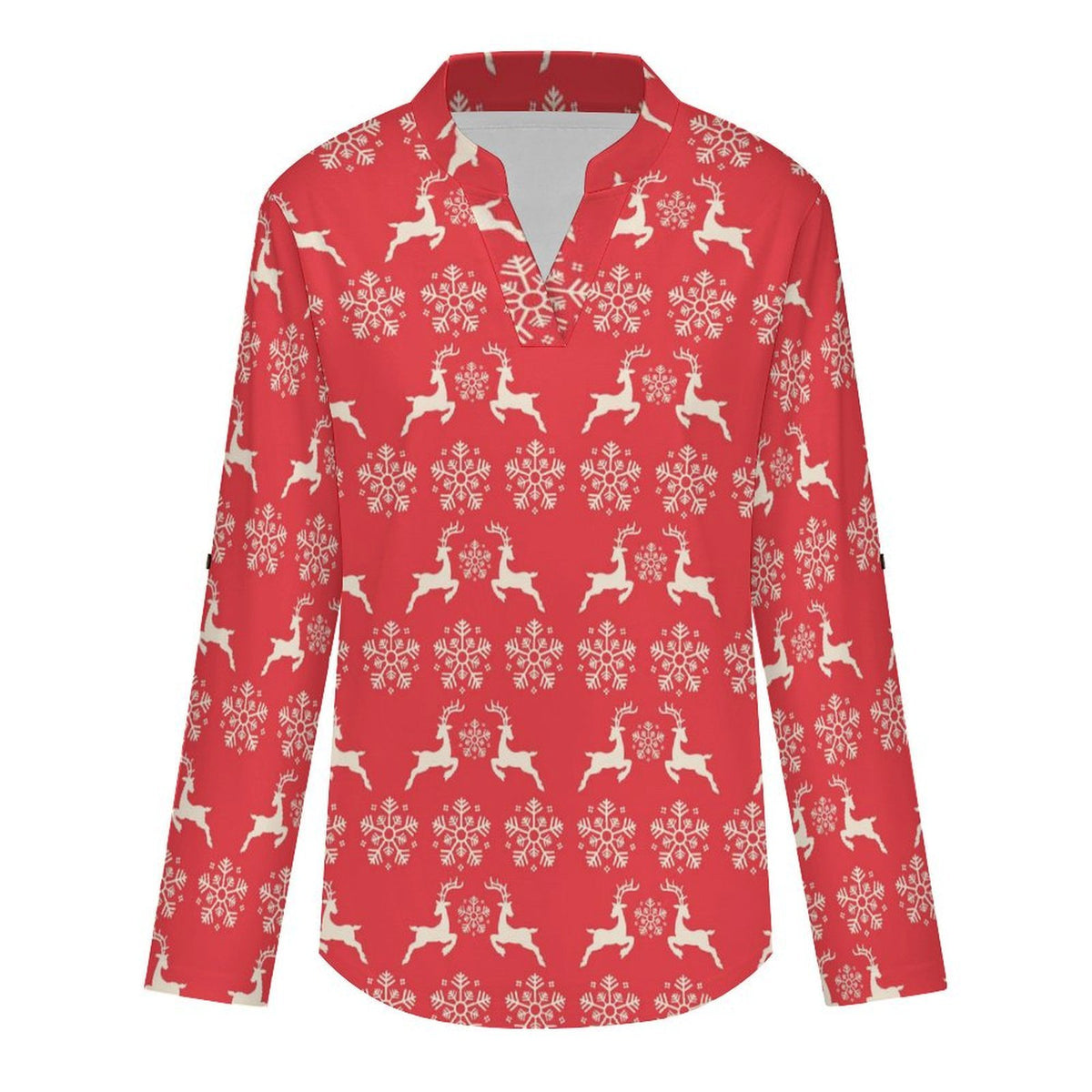 Women's Notched V Neck Tunic Tops, Roll Up 3/4 Sleeve Button Cuff Casual Blouse, Hem Loose Work Shirts  Christmas-snowflake-reindeer-red-tiled-repeat