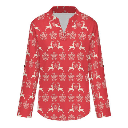 Women's Notched V Neck Tunic Tops, Roll Up 3/4 Sleeve Button Cuff Casual Blouse, Hem Loose Work Shirts  Christmas-snowflake-reindeer-red-tiled-repeat