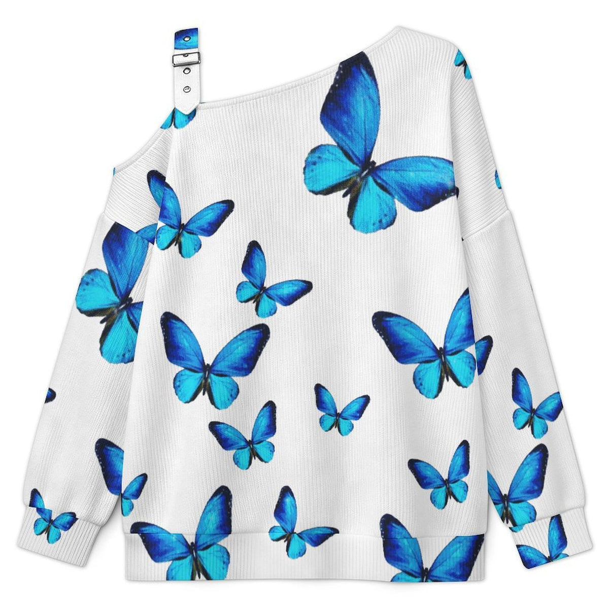 Women’s Off-Shoulder Knit Sweater Blue Butterfly in My Dream