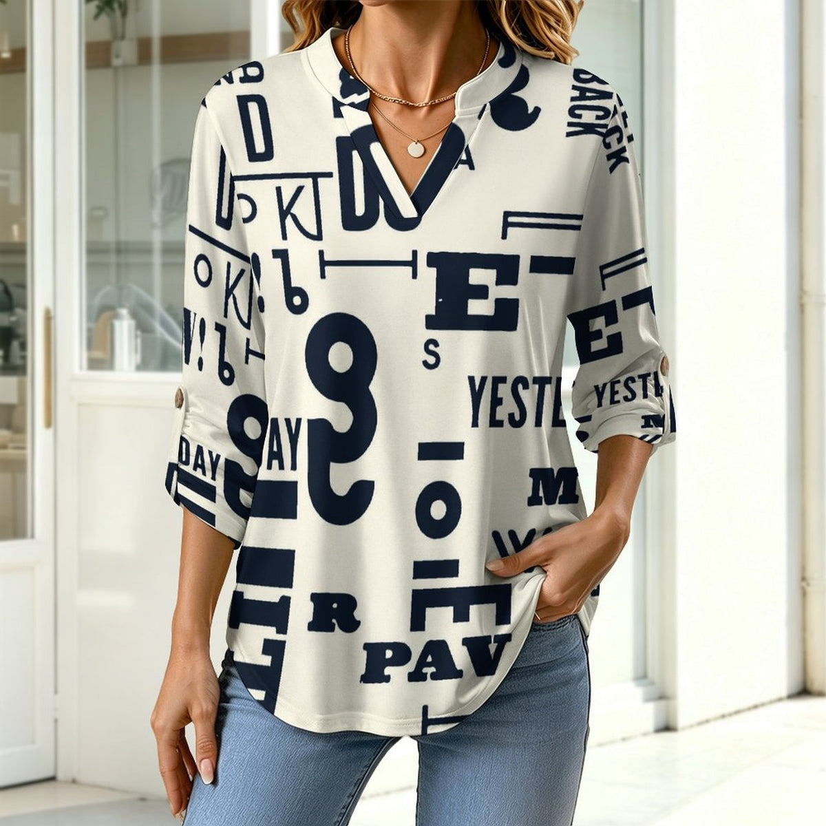 Stand-up Collar Long-sleeved Shirt Black And White, Notes, Newspapers white S Women’s V-Neck Blouses