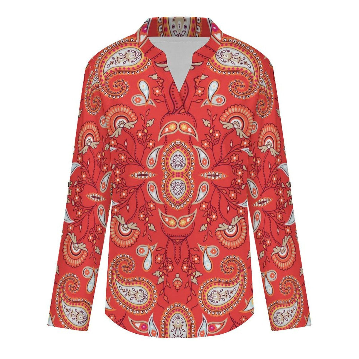 Paisley  Versatile Notched V-Neck Tunic | Roll Tab 3/4 Sleeve Office Casual Top