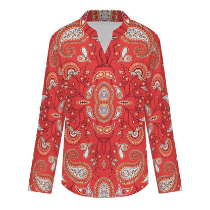 Paisley  Versatile Notched V-Neck Tunic | Roll Tab 3/4 Sleeve Office Casual Top