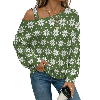 Fall Casual Asymmetric Shoulder Knit Top with Buckle Detail Christmas - Repeat - Pattern - Green - White - Christmas Pattern