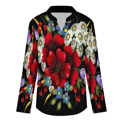 Stand-up Collar Long-sleeved Shirt Colorful Bouquet white S Women’s V-Neck Blouses