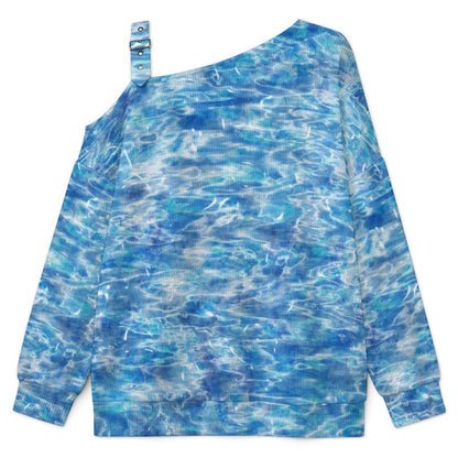 Fall Casual Asymmetric Shoulder Knit Top with Buckle Detail Blue Water Wave Pattern