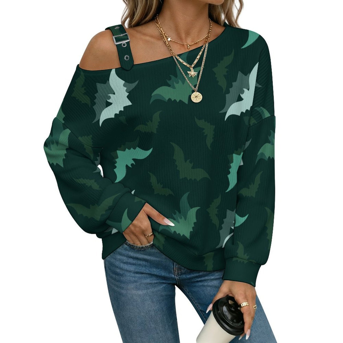 Green, Bat, Background Fall Casual Asymmetric Shoulder Knit Top with Buckle Detail