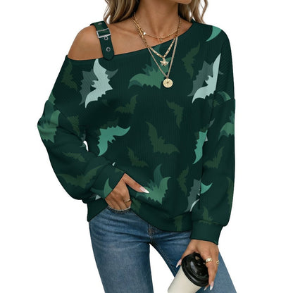 Green, Bat, Background Fall Casual Asymmetric Shoulder Knit Top with Buckle Detail