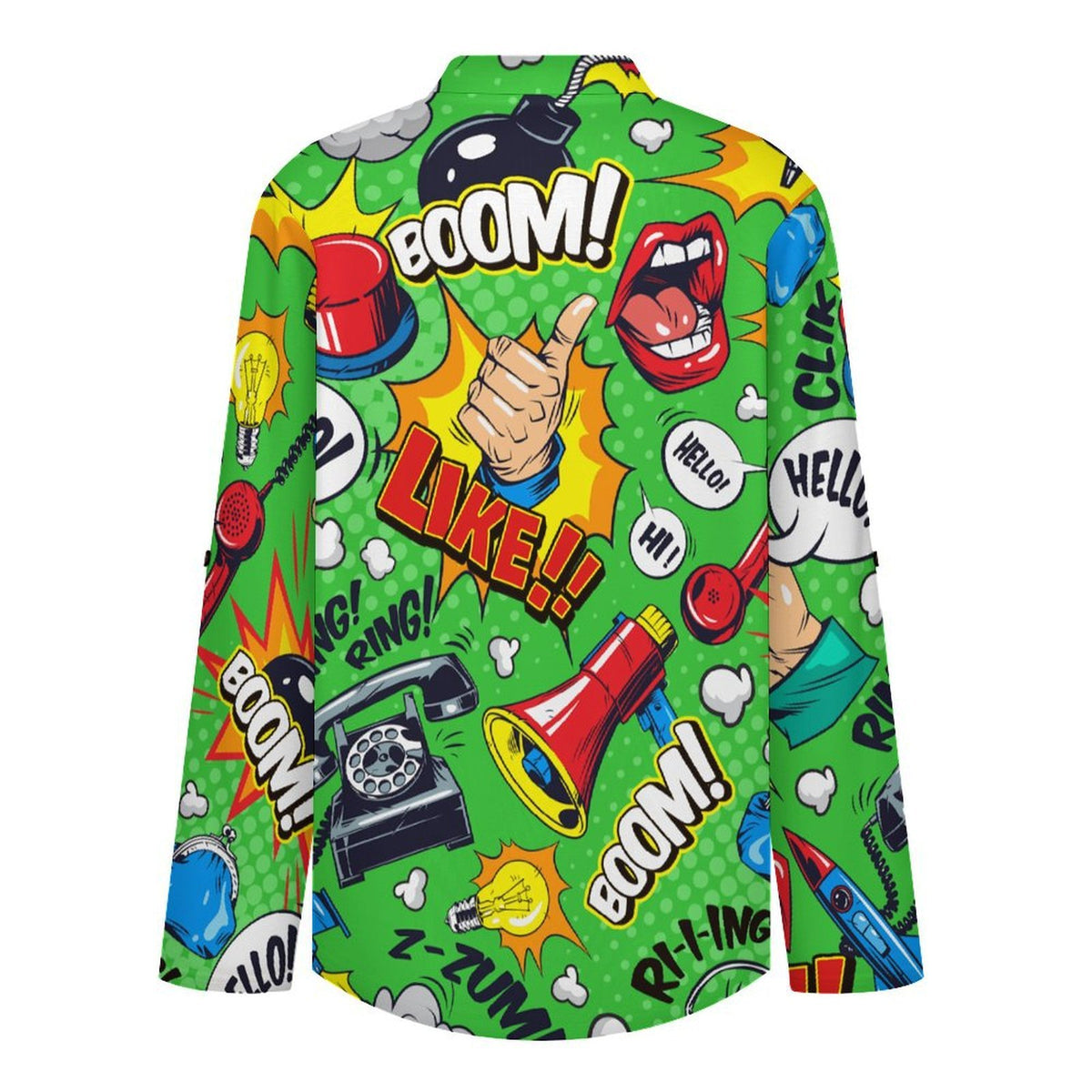 Women Curved Hem V Neck Roll Sleeve Casual Work Top  Green, Pop, Animation, Pattern