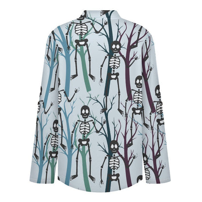 Women Curved Hem V Neck Roll Sleeve Casual Work Top  Skeletons, Woods, Forward