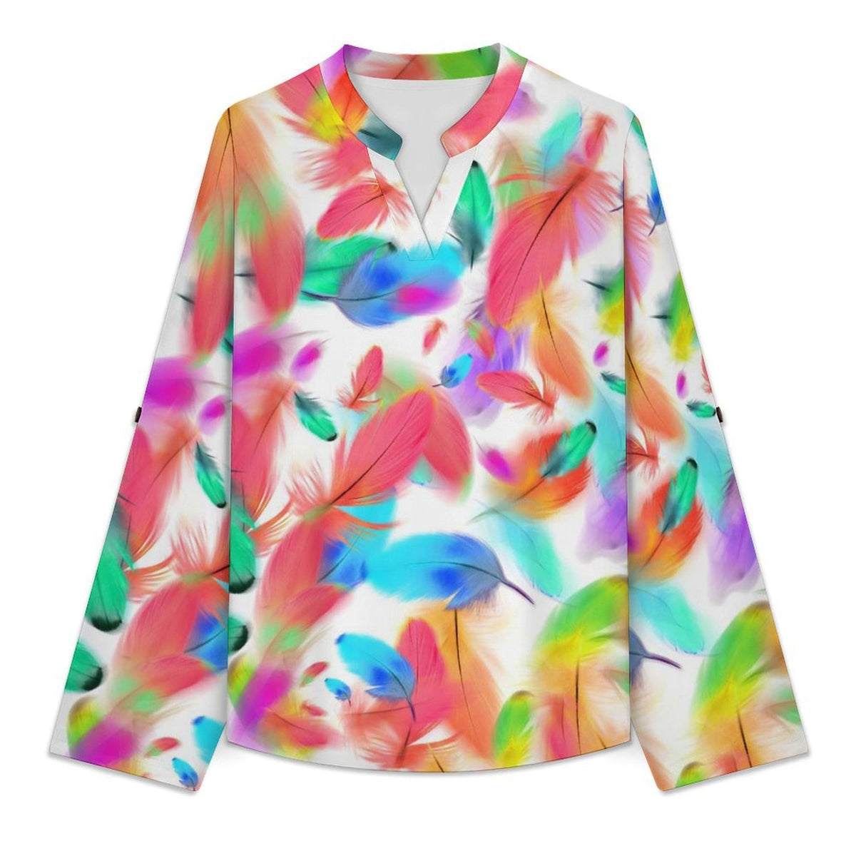 Colorful Feathers Roll Tab 3/4 Sleeve Notched V Neck Tunic Blouse