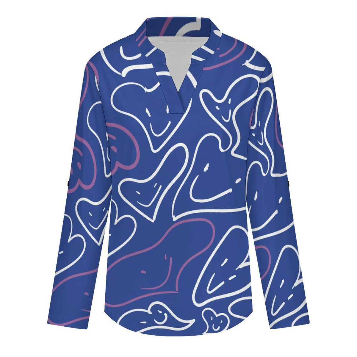 Love Smiley Face Repeat Pattern Roll Tab 3/4 Sleeve Notched V Neck Tunic Blouse