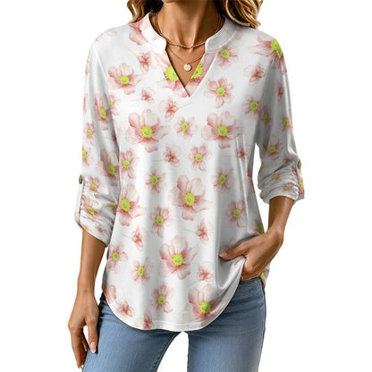 Women's Notched V Neck Tunic Tops, Roll Up 3/4 Sleeve Button Cuff Casual Blouse, Hem Loose Work Shirts  Floral, Pink, Repeating Pattern