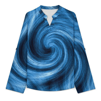 Blue Vortex Pattern  Versatile Notched V-Neck Tunic | Roll Tab 3/4 Sleeve Office Casual Top