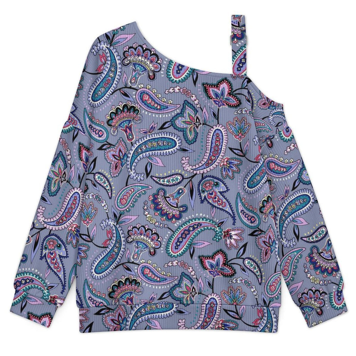Fall Casual Asymmetric Shoulder Knit Top with Buckle Detail Paisley