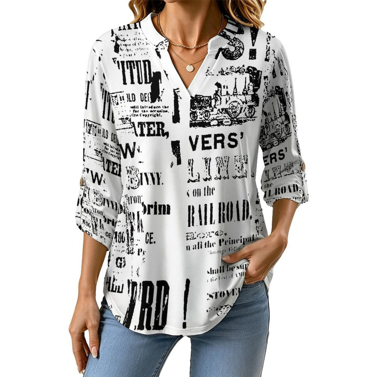 Newspaper Vintage Dress  Women Curved Hem V Neck Roll Sleeve Casual Work Top
