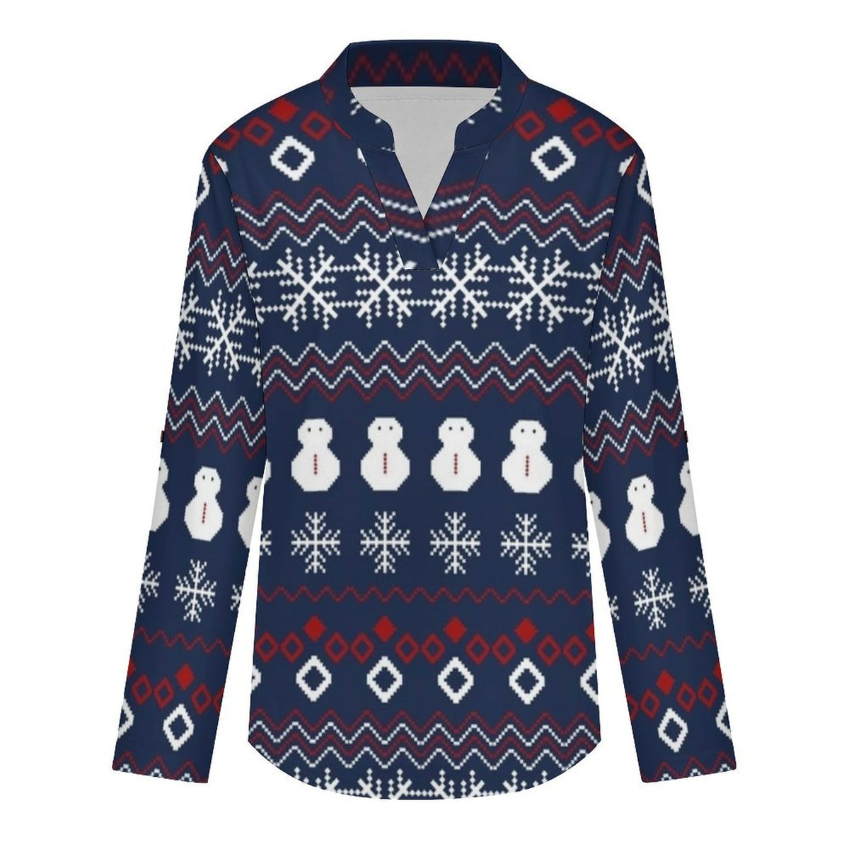 Versatile Notched V-Neck Tunic  Roll Tab 3/4 Sleeve Office Casual Top  Christmas Pattern