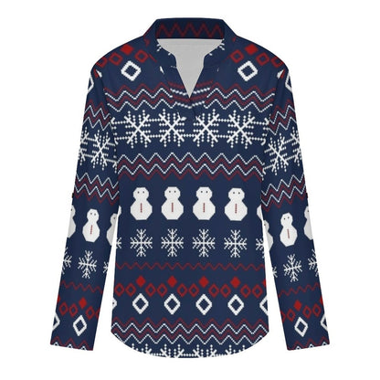 Versatile Notched V-Neck Tunic  Roll Tab 3/4 Sleeve Office Casual Top  Christmas Pattern