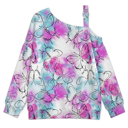 Long Sleeve Relaxed-Fit Solid Pullover Watercolor Butterfly