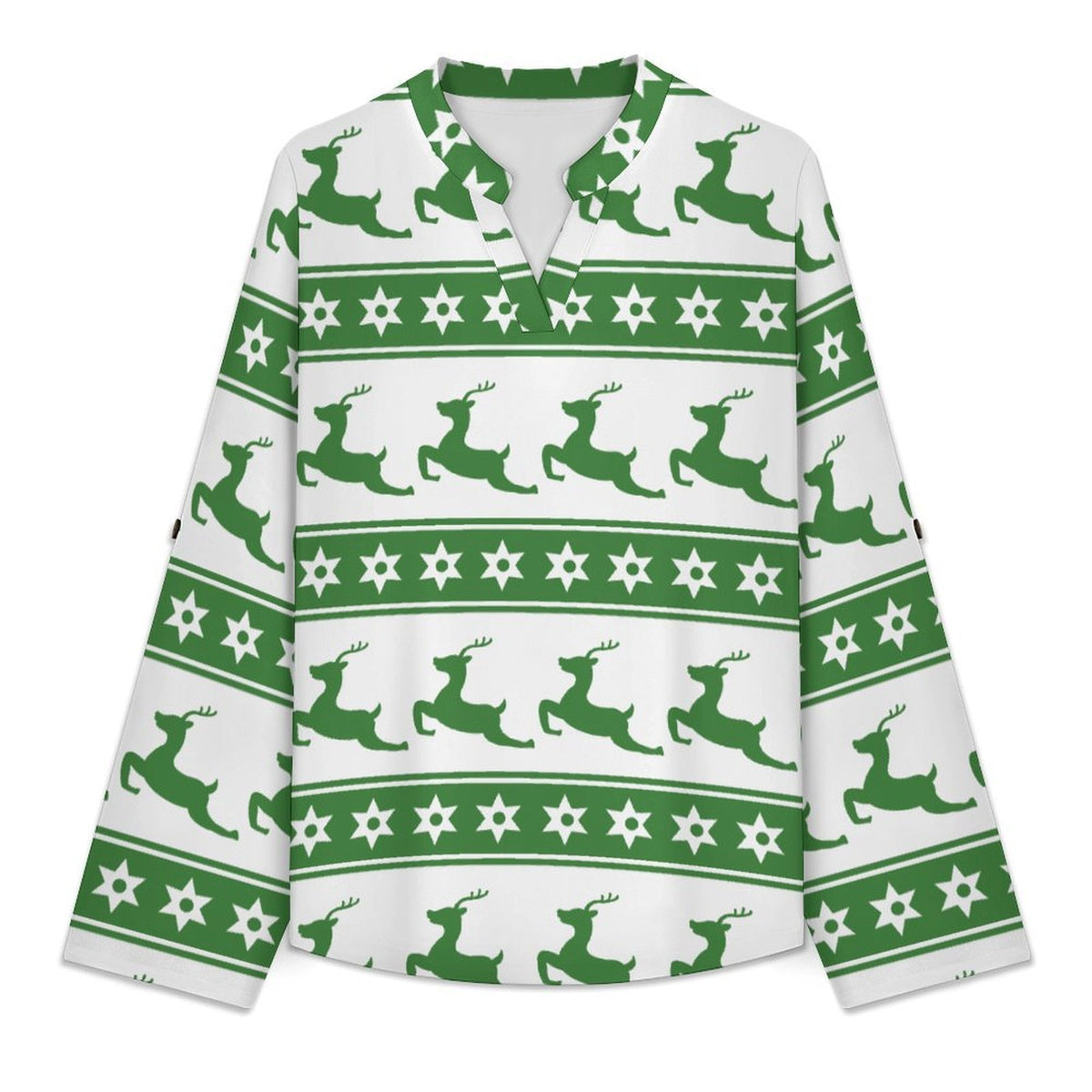 Christmas Reindeer Repeat Pattern  Versatile Notched V-Neck Tunic | Roll Tab 3/4 Sleeve Office Casual Top