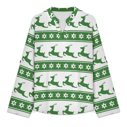 Christmas Reindeer Repeat Pattern  Versatile Notched V-Neck Tunic | Roll Tab 3/4 Sleeve Office Casual Top