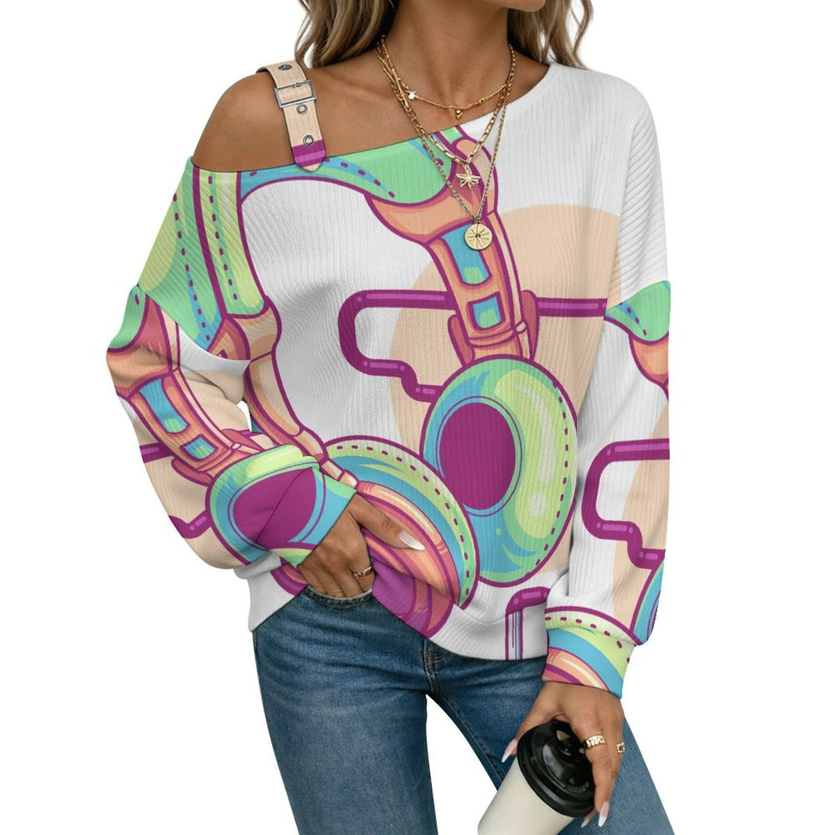 Women’s Off-Shoulder Knit Sweater Headphones, Music