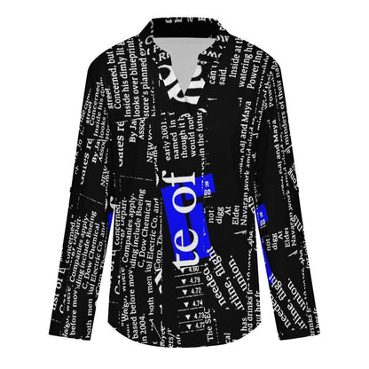 Stand-up Collar Long-sleeved Shirt Newspaper Dress white S Women’s V-Neck Blouses