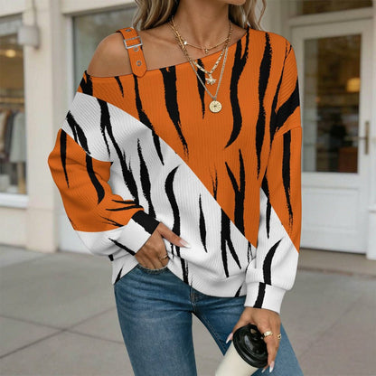 Women’s Off-Shoulder Knit Sweater Two Color, Tiger Background