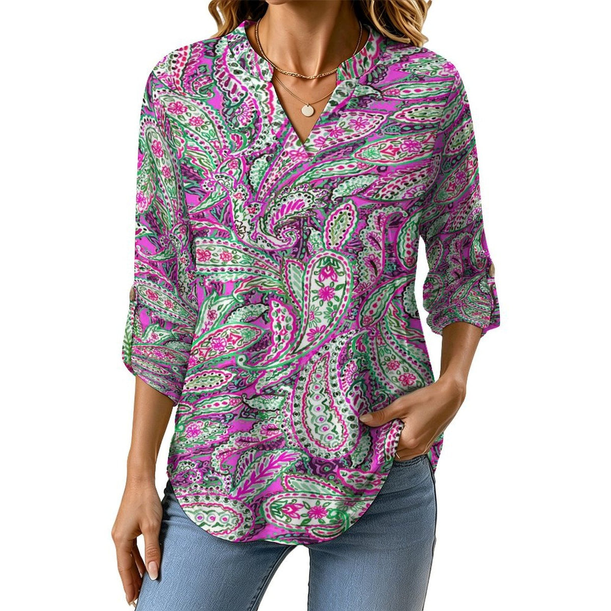 Women Curved Hem V Neck Roll Sleeve Casual Work Top  Paisley
