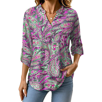 Women Curved Hem V Neck Roll Sleeve Casual Work Top  Paisley