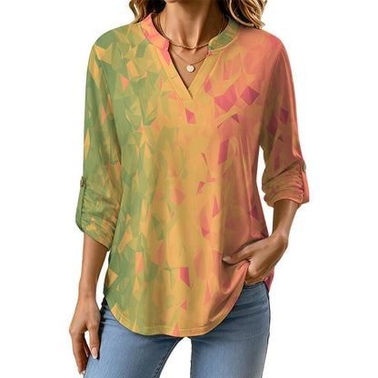 Women's Notched V Neck Tunic Tops, Roll Up 3/4 Sleeve Button Cuff Casual Blouse, Hem Loose Work Shirts  Colored Diamond Pattern