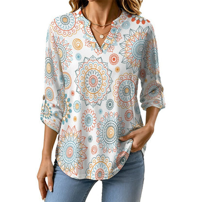 Women's Notched V Neck Tunic Tops, Roll Up 3/4 Sleeve Button Cuff Casual Blouse, Hem Loose Work Shirts Repetitive Pattern