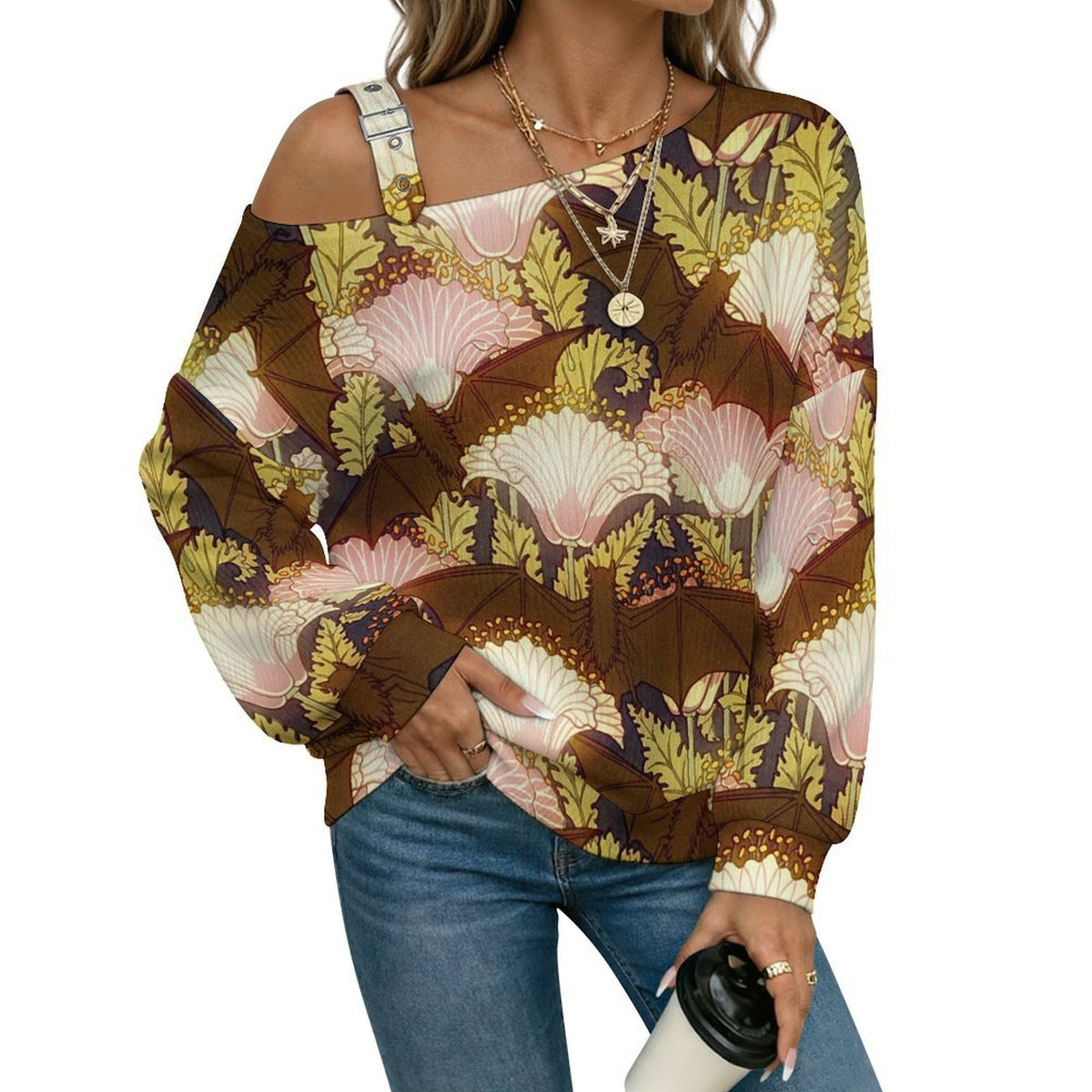 Vintage Flower Pattern Buckle Strap Asymmetrical Off Shoulder Knit Sweater