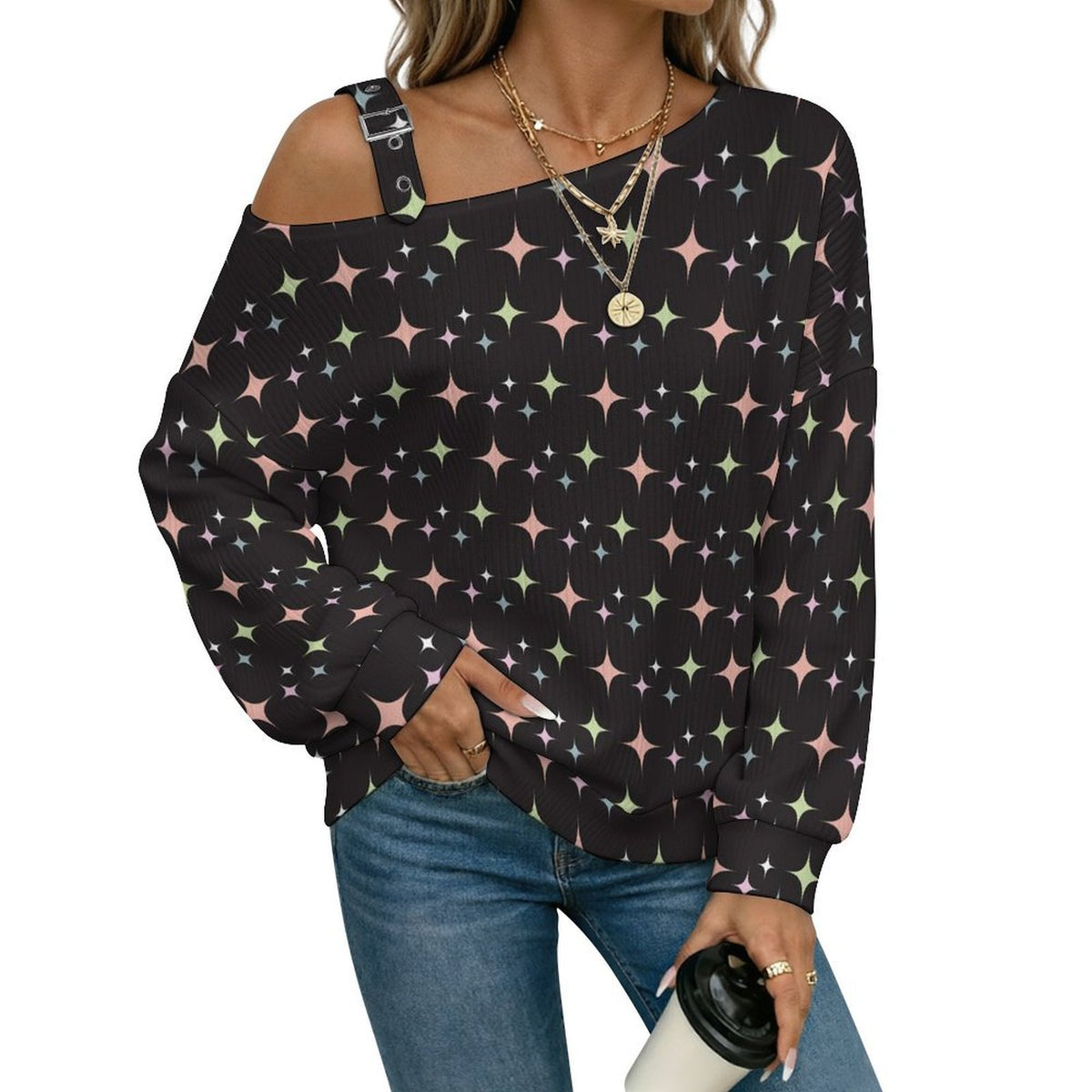 Long Sleeve Relaxed-Fit Solid Pullover Digital Paper Stars