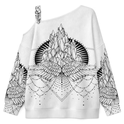 Wing Buckle Strap Asymmetrical Off Shoulder Knit Sweater