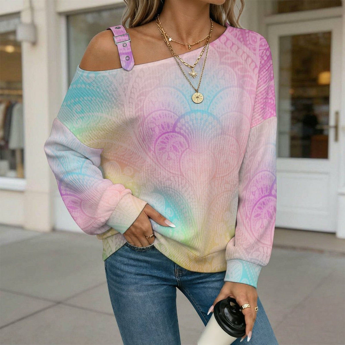 Buckle Strap Asymmetrical Off Shoulder Knit Sweater Color Wallpaper