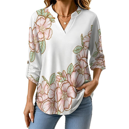 Flowers  Versatile Notched V-Neck Tunic | Roll Tab 3/4 Sleeve Office Casual Top