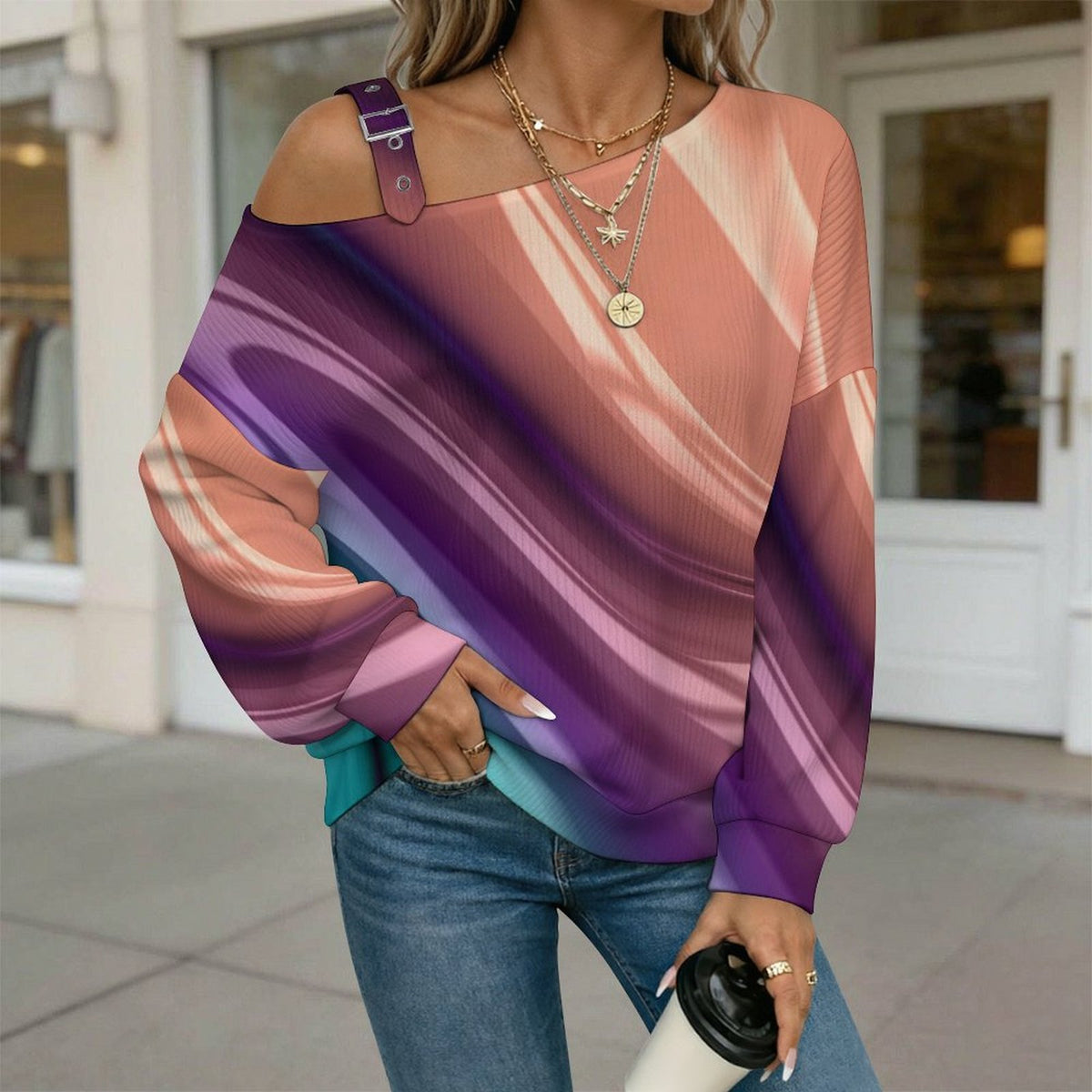 Off-the-shoulder Sweater Long Sleeve Relaxed-Fit Solid PulloverColor Silk Slip Pattern