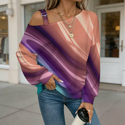 Off-the-shoulder Sweater Long Sleeve Relaxed-Fit Solid PulloverColor Silk Slip Pattern