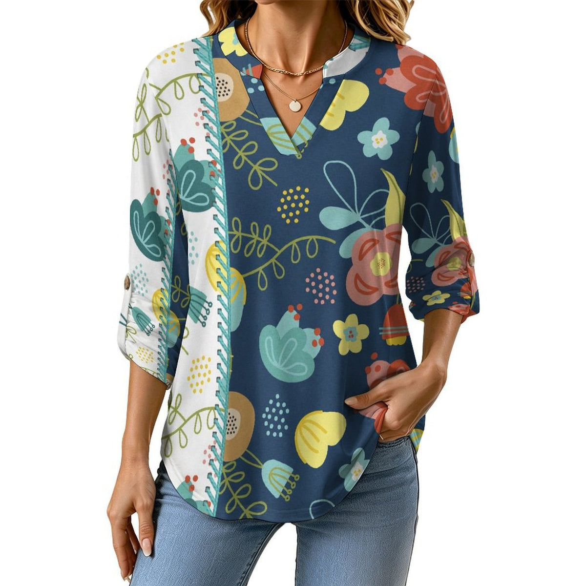 Two Color, Flower, Decoration  Versatile Notched V-Neck Tunic | Roll Tab 3/4 Sleeve Office Casual Top