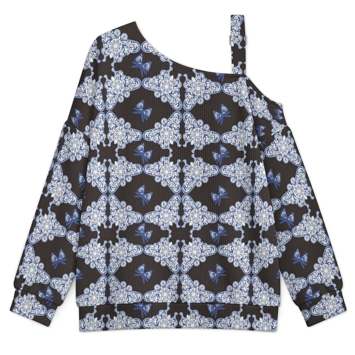 Women’s Off-Shoulder Knit Sweater Noble, Blue Butterfly Pattern