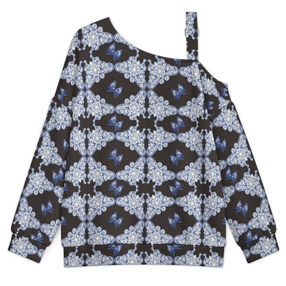 Women’s Off-Shoulder Knit Sweater Noble, Blue Butterfly Pattern