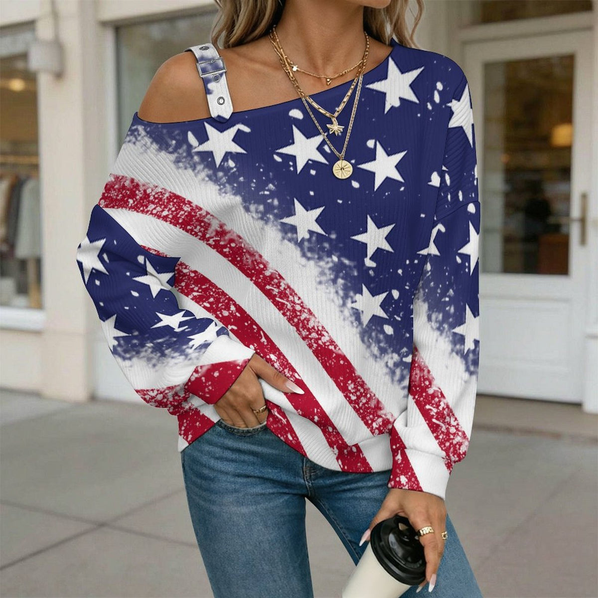 Women’s Off-Shoulder Knit Sweater National Flag,American