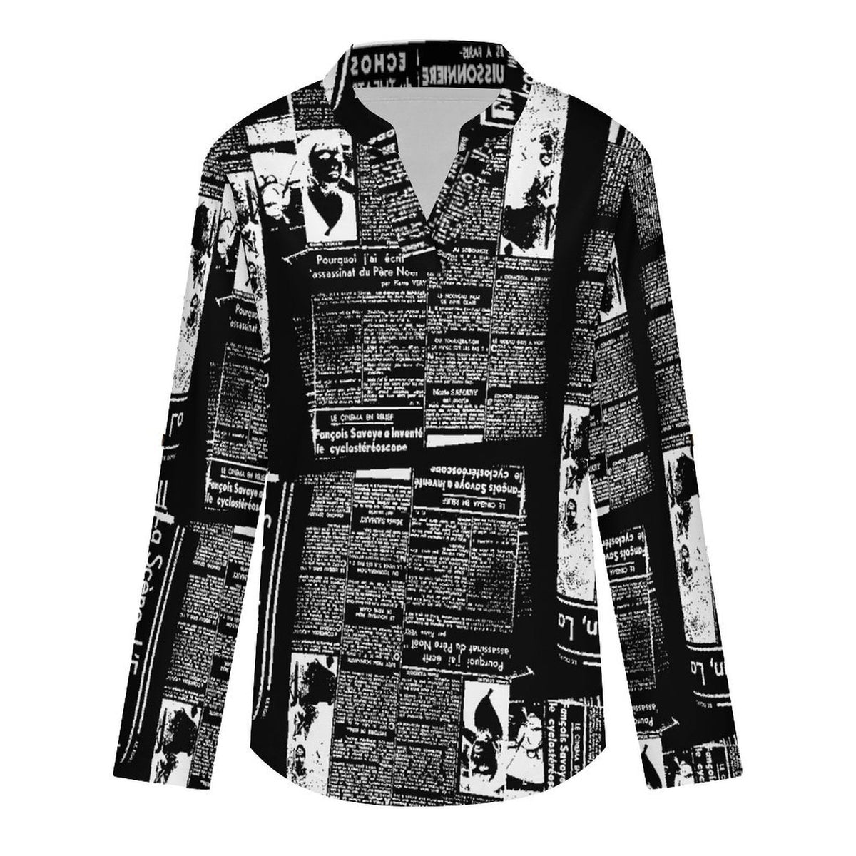 Stand-up Collar Long-sleeved Shirt Newspaper Vintage Dress white S Women’s V-Neck Blouses