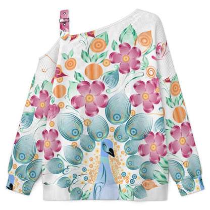 Buckle Strap Asymmetrical Off Shoulder Knit Sweater Peacock Butterfly Flower