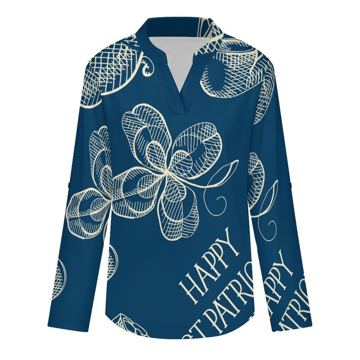 Women Curved Hem V Neck Roll Sleeve Casual Work Top  Blue, St. Patrick's Day, Pattern