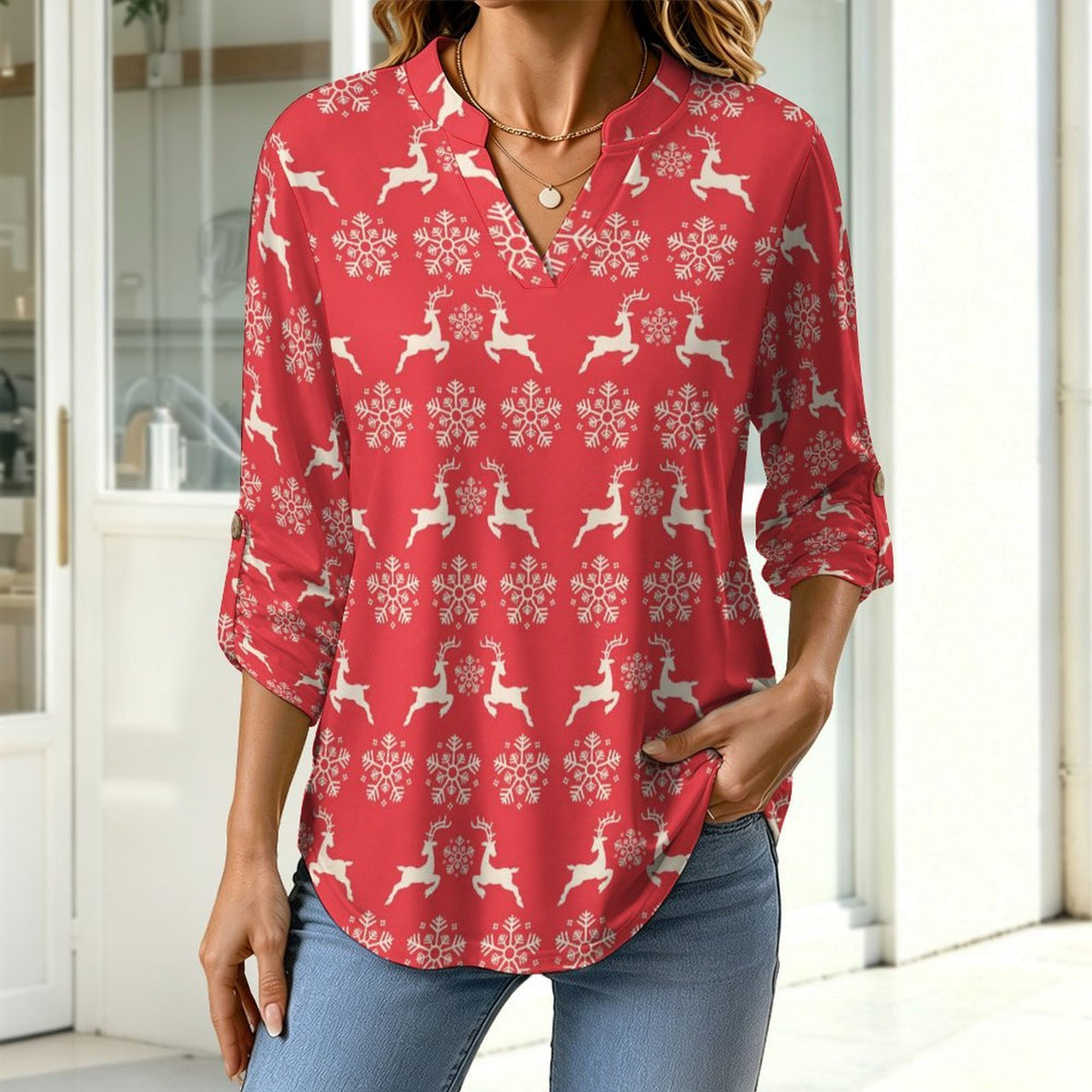 Women's Notched V Neck Tunic Tops, Roll Up 3/4 Sleeve Button Cuff Casual Blouse, Hem Loose Work Shirts  Christmas-snowflake-reindeer-red-tiled-repeat