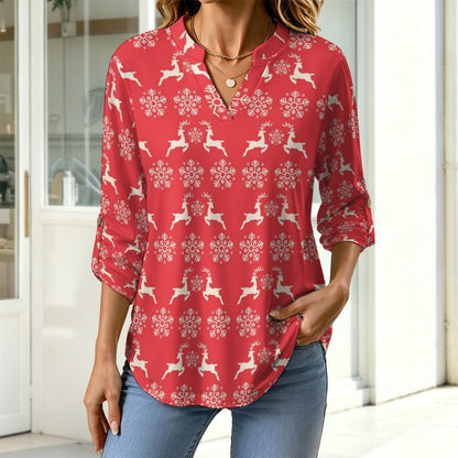 Women's Notched V Neck Tunic Tops, Roll Up 3/4 Sleeve Button Cuff Casual Blouse, Hem Loose Work Shirts  Christmas-snowflake-reindeer-red-tiled-repeat