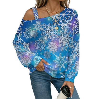Fall Casual Asymmetric Shoulder Knit Top with Buckle Detail Blue, Snowflakes, Background