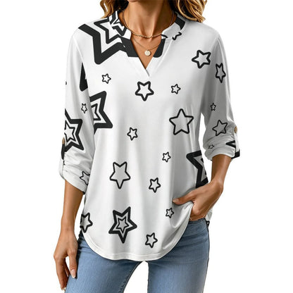 The Stars Repeat The Black Pattern  Versatile Notched V-Neck Tunic | Roll Tab 3/4 Sleeve Office Casual Top